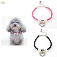 new fashion color braided leather rope pet supplies bells alloy heart diamond necklace for cats and dogs