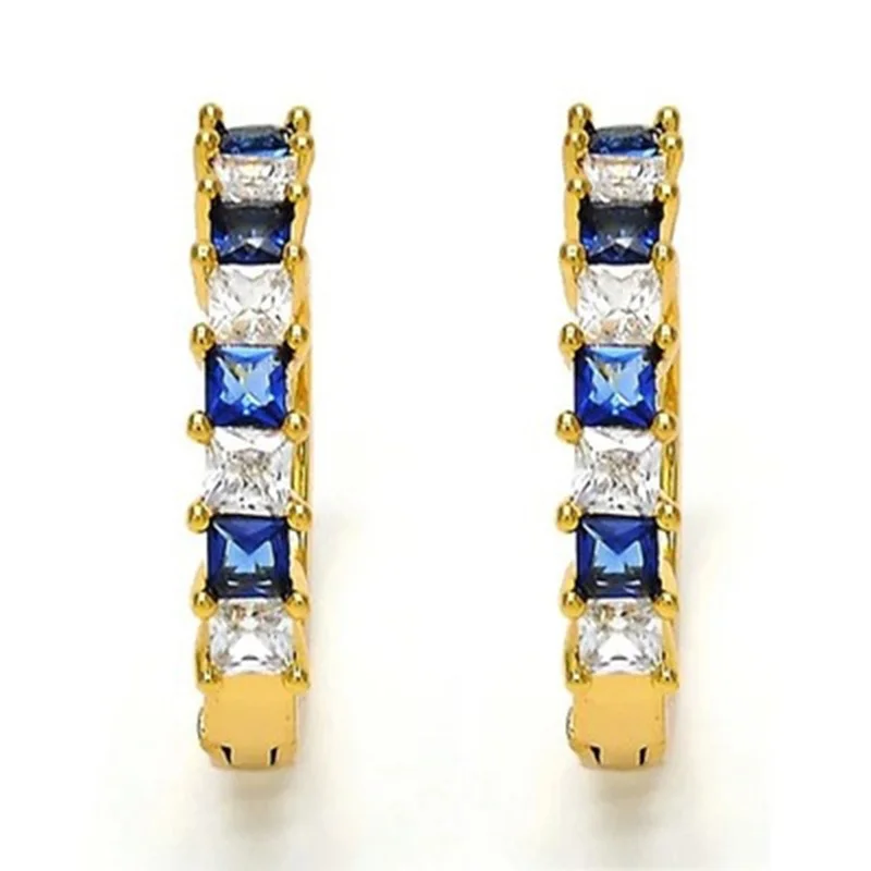 

OMHXZJ Wholesale European Fashion Woman Girl Party Wedding Gift White Blue AAA Zircon 18KT Yellow Gold Hoop Earrings EA476