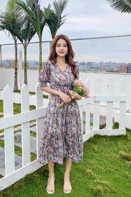

Summer Vintage Puff Sleeve Floral V-neck Purple Robe Femme High Waist Chiffon Dresses Women Beach Bohemia Elegant Dress Midi