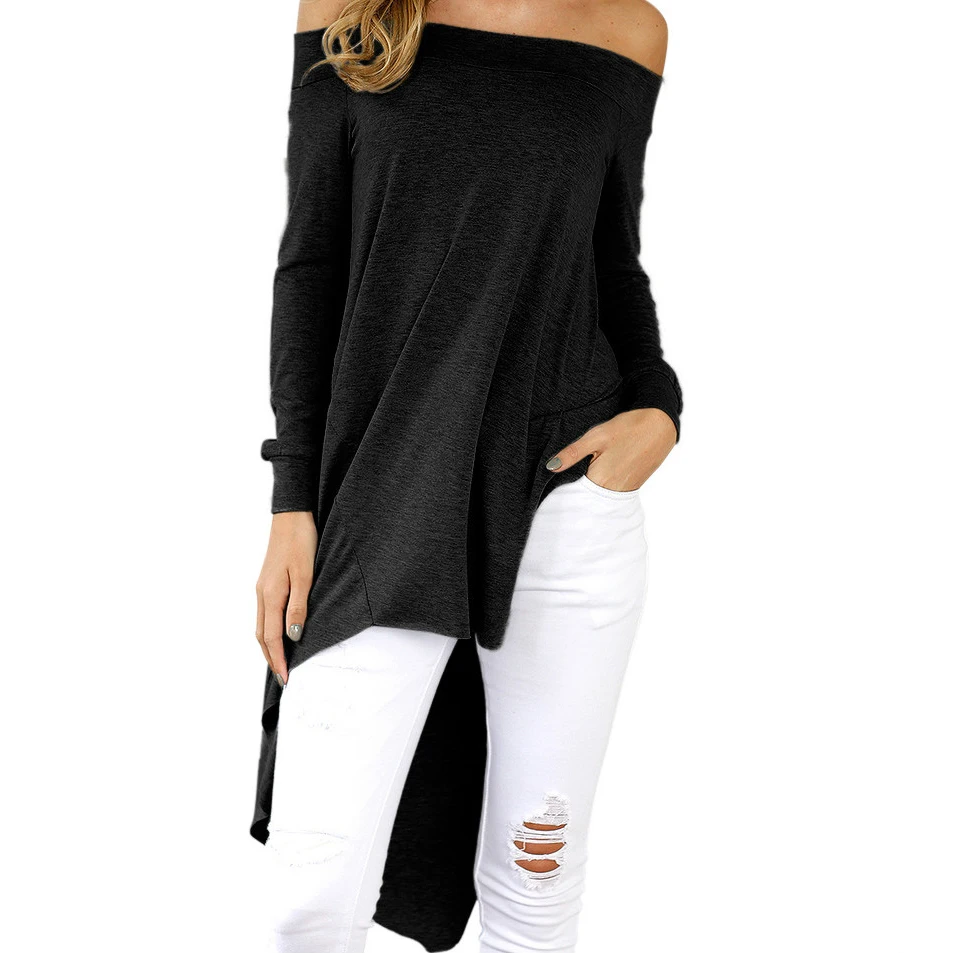 Зимние Для женщин блузки с вырезом лодочкой Asymmetrical Tunic повседневная женская обувь рубашки Blusa пикантные с открытыми плечами осень Топ Плюс Размеры GV1026