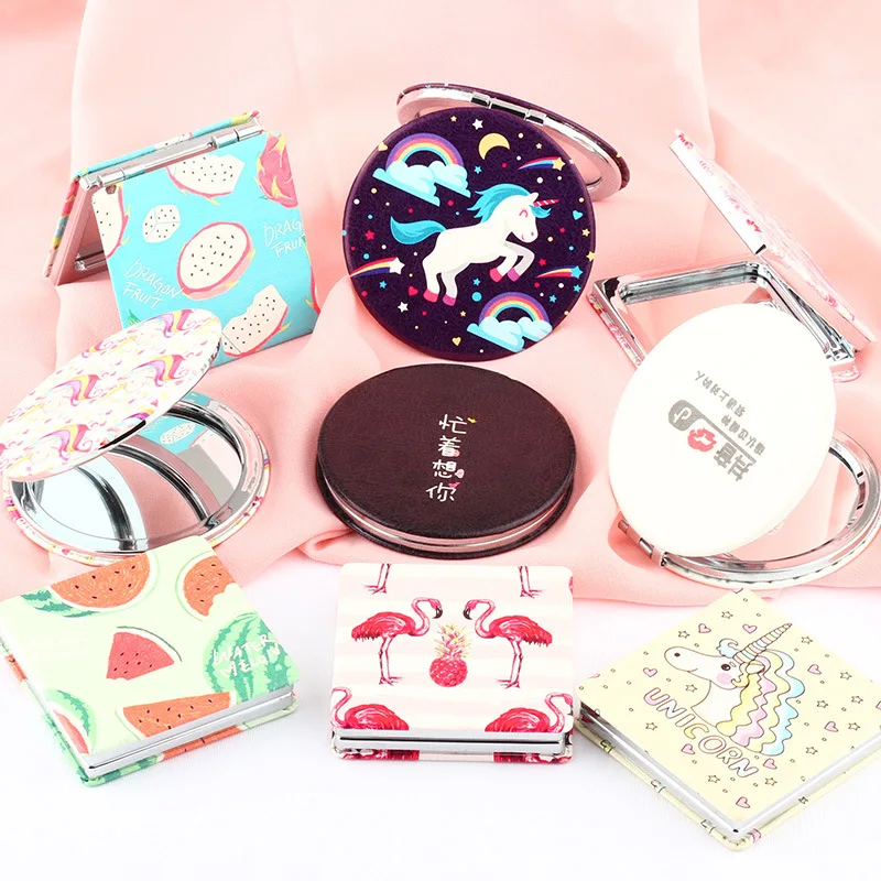 PU Folding Small Mirror Portable Makeup Pocket Mirror Round Mirror