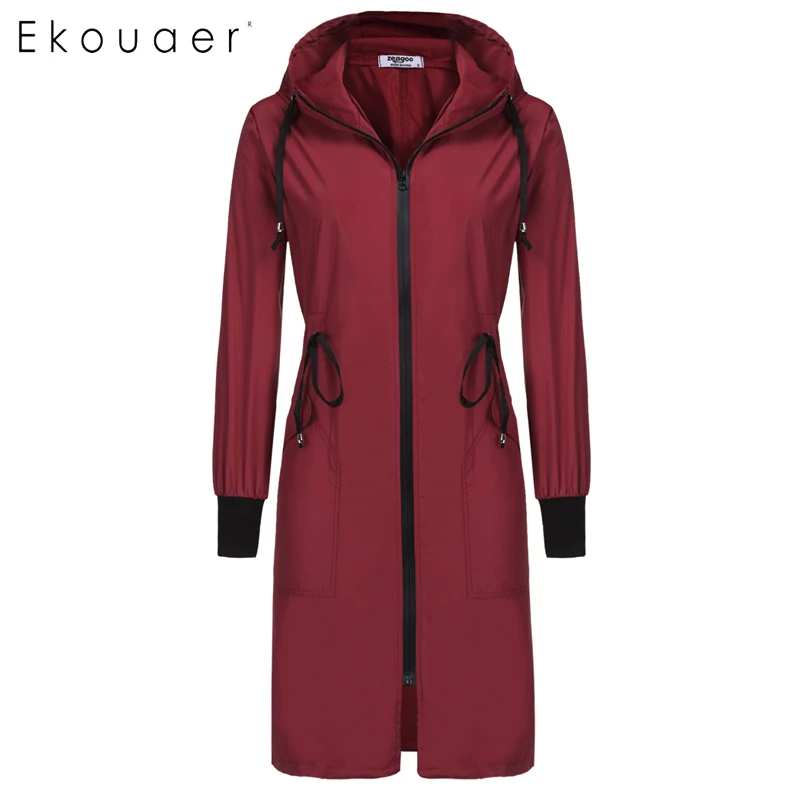 Wine red Ekouaer Женская длинная куртка с капюшоном с длинным рукавом легкая водонепроницаемая дождевая куртка, дождевик Женская модная верхняя одежда - Цвет: Wine red