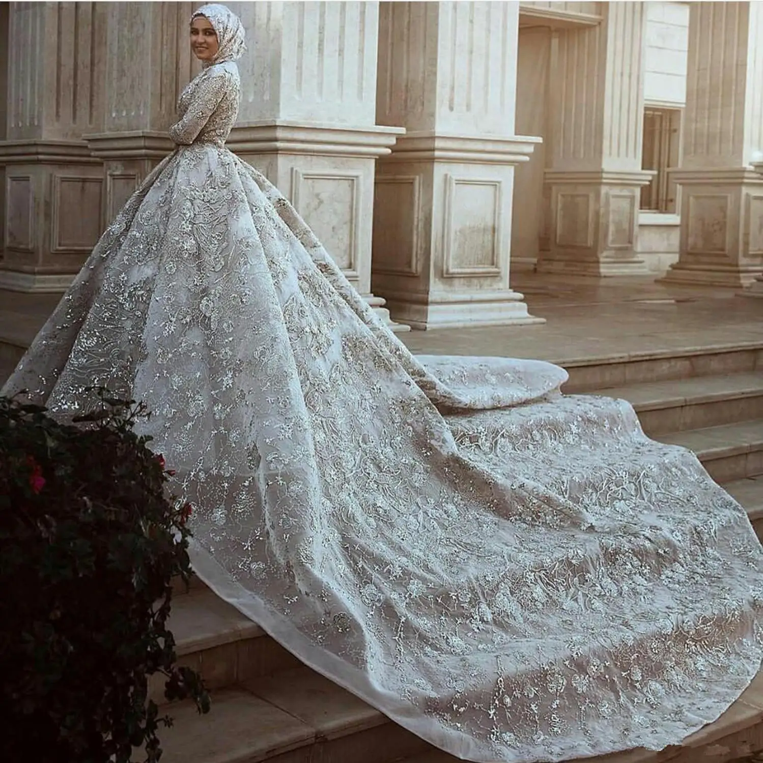 Luxury Muslim Wedding Dresses Floral Appliqued A Line Jewel Neck Country Dress Custom Made Sweep Train Vestidos De Novia | Свадьбы и