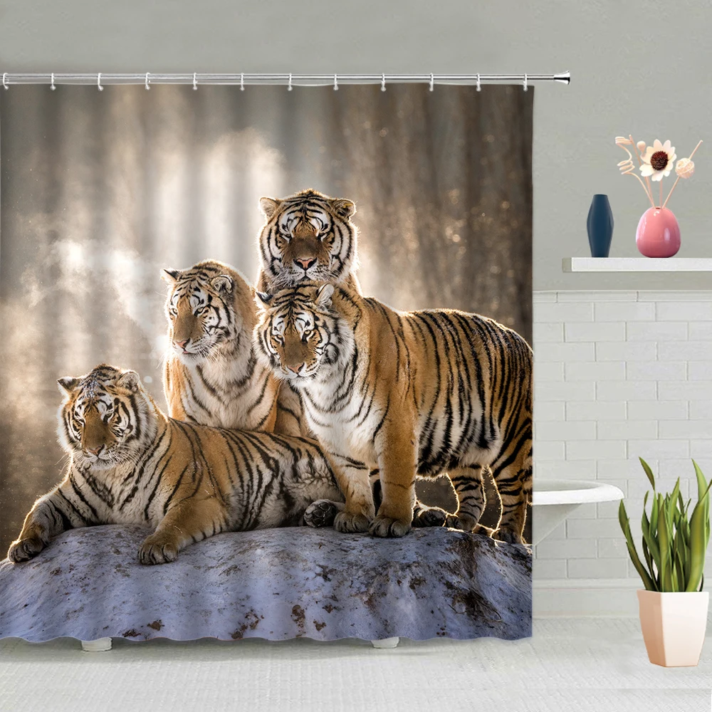 

Wild Animals Tiger Antelope Cheetah Brown Bear Lion Pattern Bathroom Partition Screen Waterproof Polyester Fabric With Hook