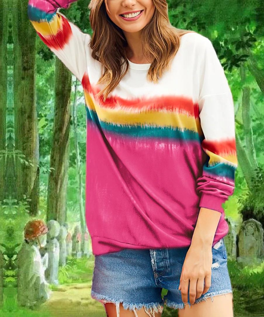 

Donsignet Women's Sweater New Fashion Spring and Autumn Round Neck Pullover Gradient Color Printing Loose Knit Long Sleeves