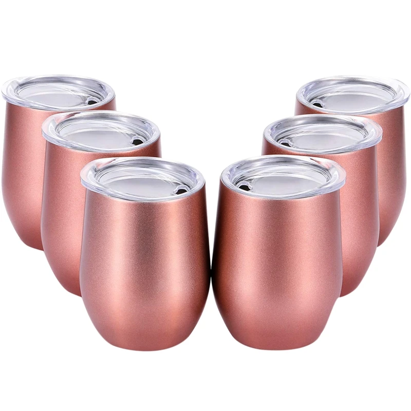 

1 Set 6 Pcs 12 Oz Unbreakable Drinkware Stemless Wine Tumbler Stainless Steel Triple-Insulated Vacuum Wine Glass Cup with Lids C