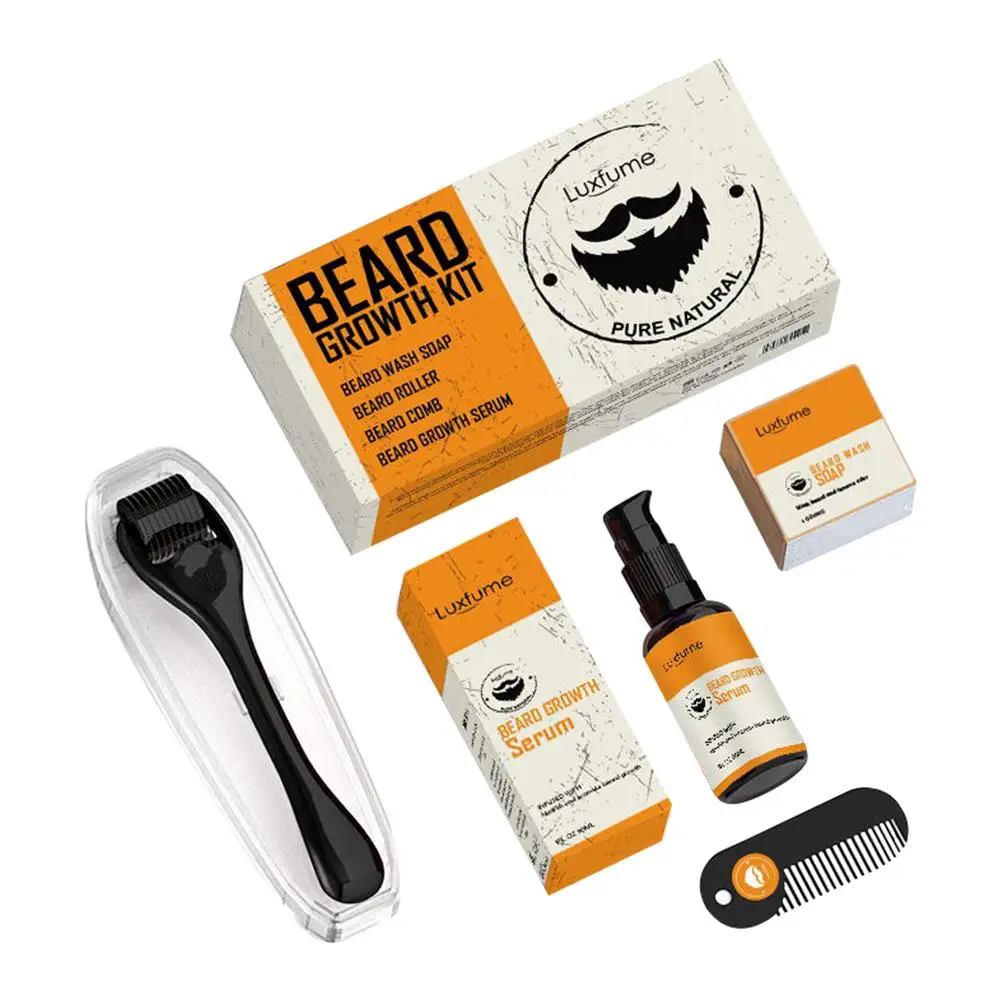 

4 Pcs/set Men Beard Growth Kit Beard Growth Enhancer Thicker Essence Beard Cleaning Cream With Comb And Roller