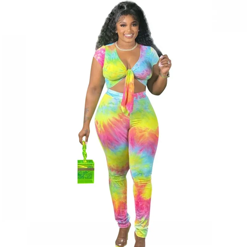 

4XL Plus Size Women Set Lace Up V Neck Crop Tops And Pant Suits Summer New Tie Dye Gradient Casual Streetwear Two Piece Set 2021