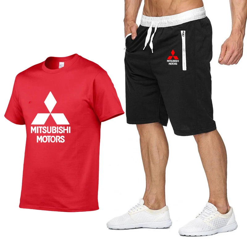 

Unisex Summer Mens Short Sets Mitsubishi Car Logo Printing Casual Short sleeve Round Neck Cotton Mens T-shirt+shorts 2Pcs suit