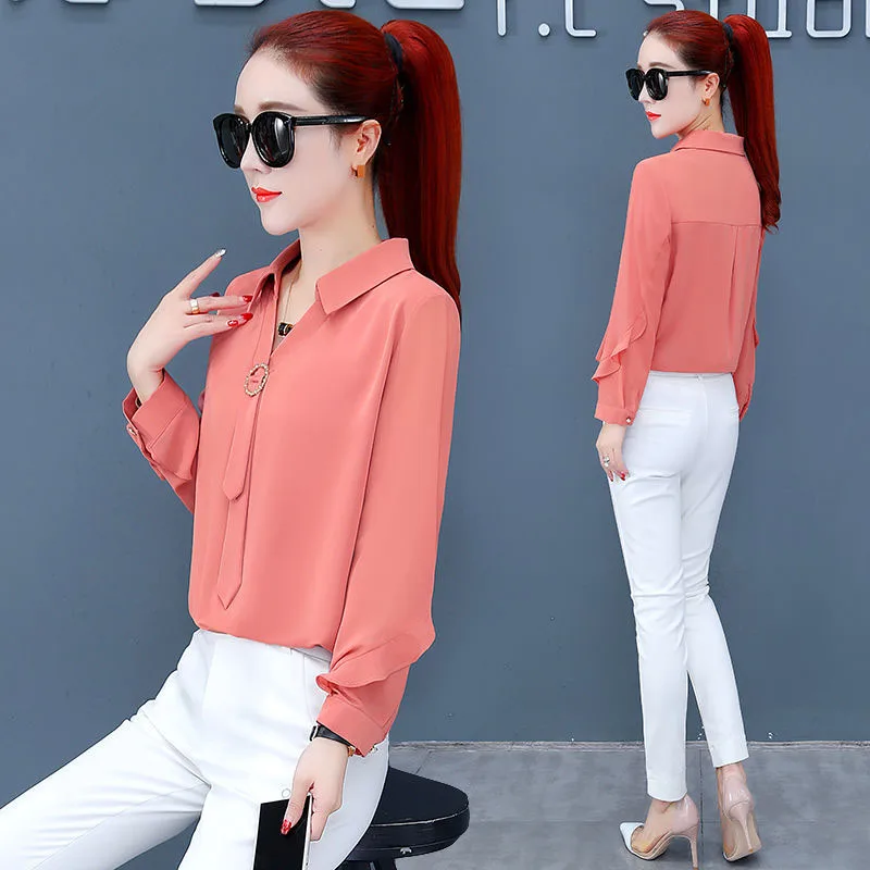 Женская шифоновая блуза Повседневная с длинным рукавом и отложным воротником