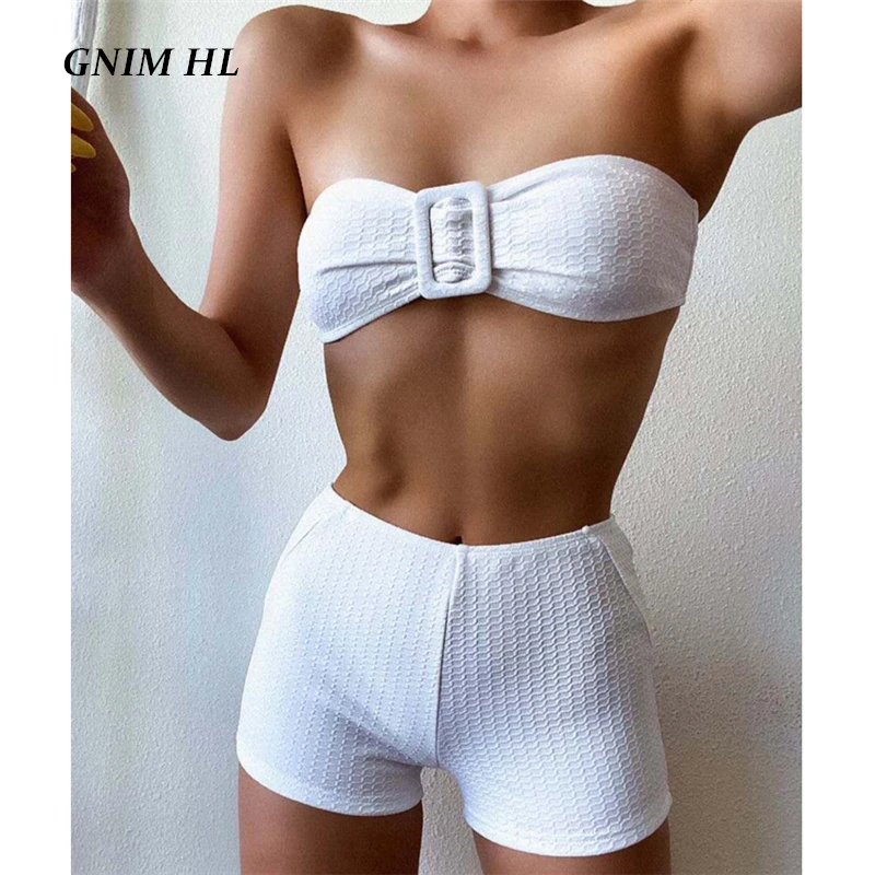 

Solid White Swimsuit Women Two Piece High Waist Bandeau Bikini Mujer 2020 Strapless Swimwear Women Push Up Beachwear Bather Suit