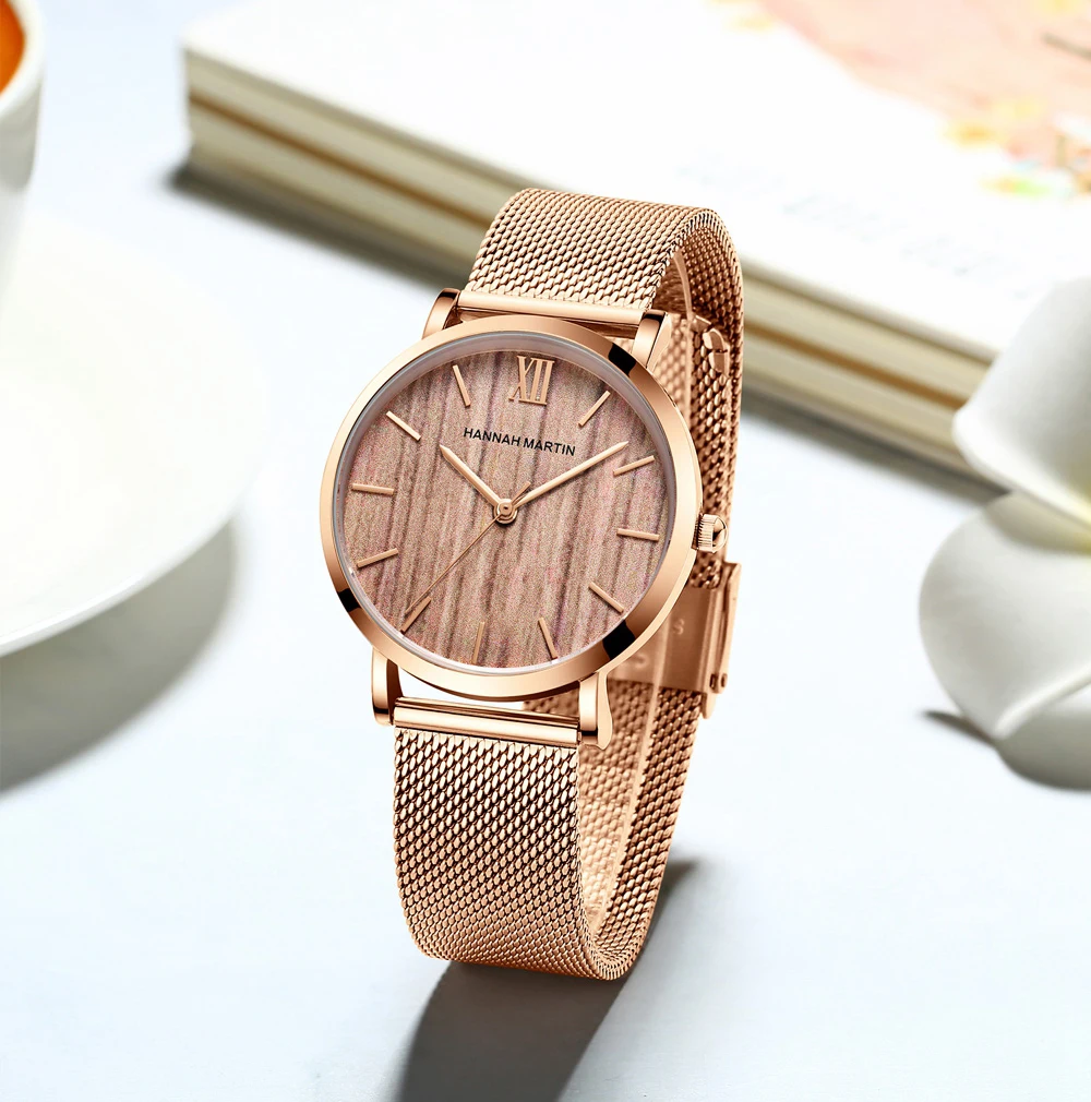 

New Arrival Japan Quartz Movement Wood grain Walnut Fashion Stainless Steel Mesh Band Waterproof Women Wrist watches