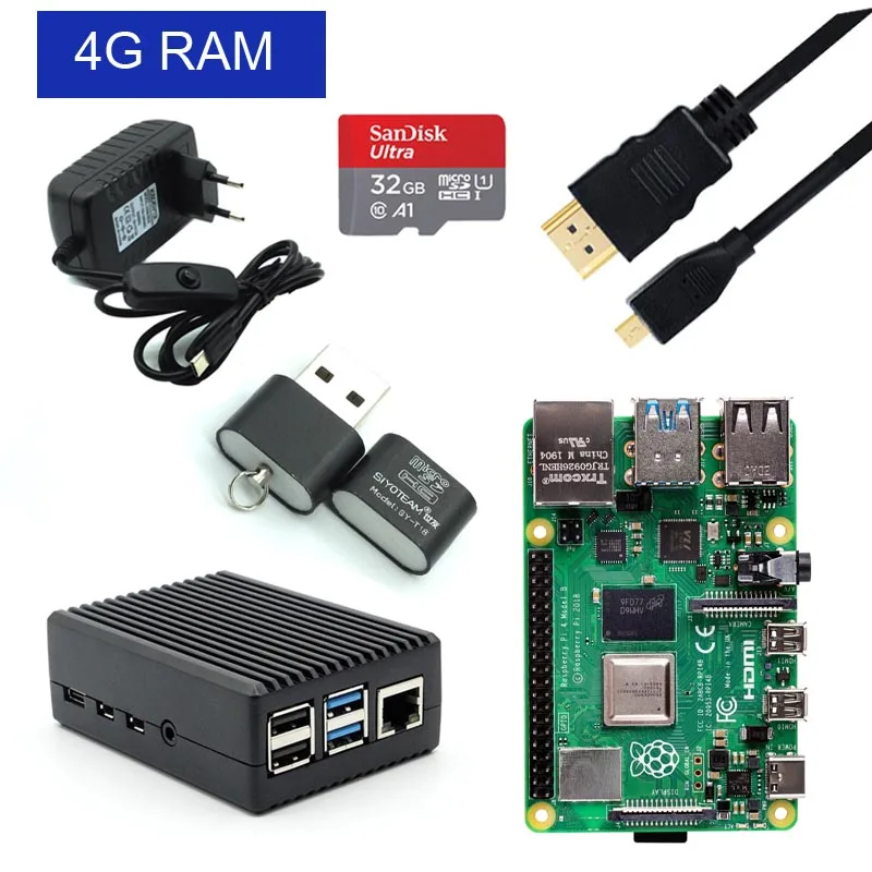 Оригинальный комплект Raspberry Pi 4 Model B алюминиевый чехол + адаптер питания