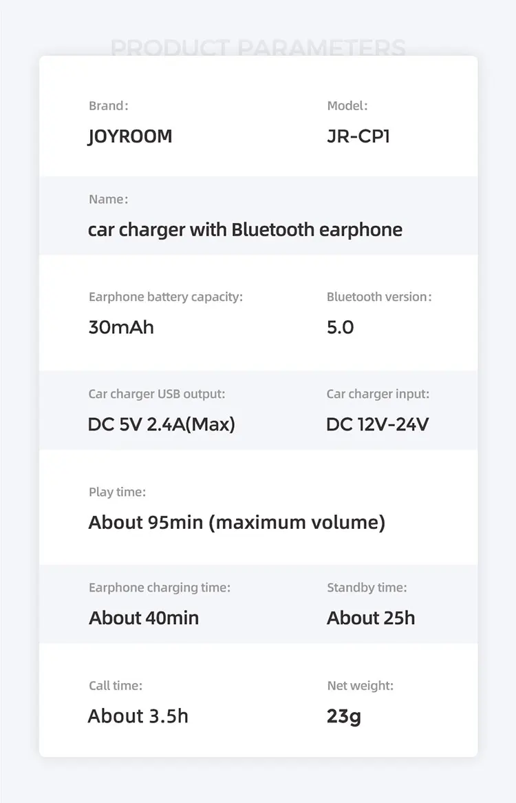 Joyroom CP1 портативный маленький Usb Автомобильное зарядное устройство стерео Bluetooth 5,0 беспроводные наушники Поддержка мобильного телефона Быстрая зарядка