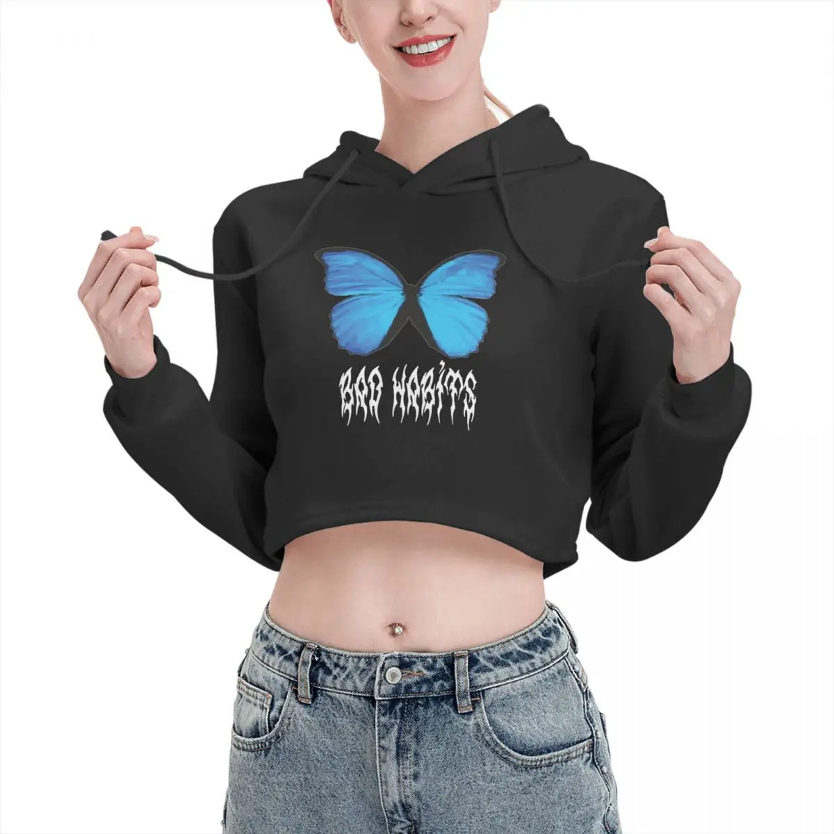 

Streetwear Butterfly Women's Cat Cropped Hoodies Sweatshirts Vintage Long Sleeve Harajuku Graphic Punk Hooded Pink Pullovers