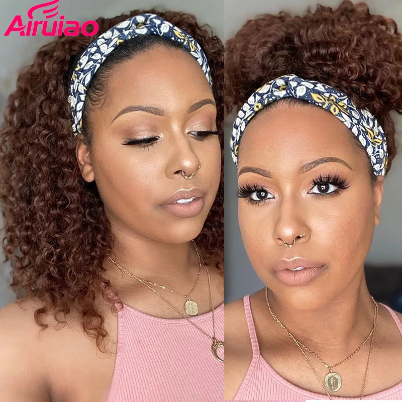 Медово-коричневый цвет кудрявые полностью сделанные машины Remy парик с головной