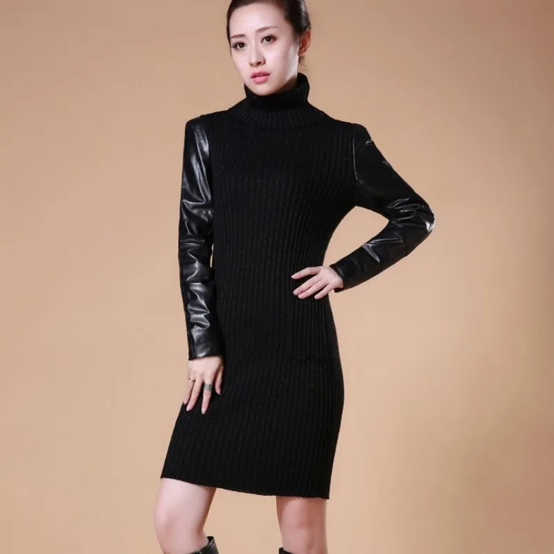 Women Winter Bodycon Knitted Dress Turtleneck Genuine Leather Patchwork Long Sleeve Dresses Elastic Knitwear Wrap Slim Fit | Женская