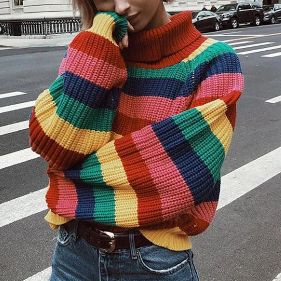 Радуга Полосатый В Полоску Свитер Грубый Вязаный Полувер Водолазка Пыхтеть