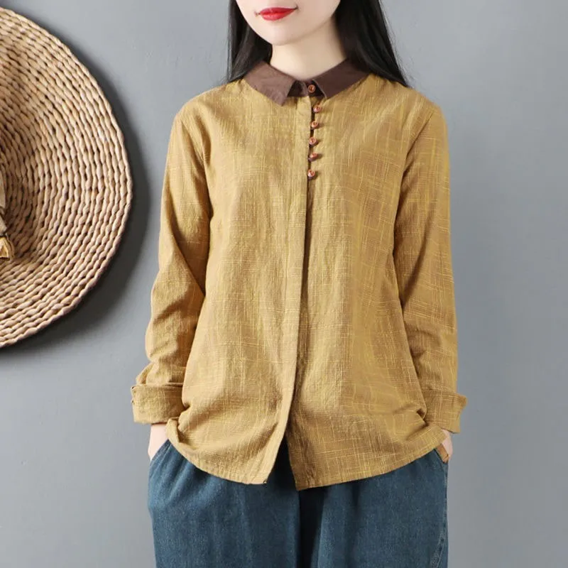 

2021 Spring Autumn New Arts Women Long Sleeve Loose Vintage Shirts Turn-down Collar Single-breasted Cotton Linen Blouse Tops V70