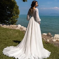 bohemian chiffon v neck puff wedding dresses lace engagement bridal party bride gowns robe de mari%c3%a9e custom made