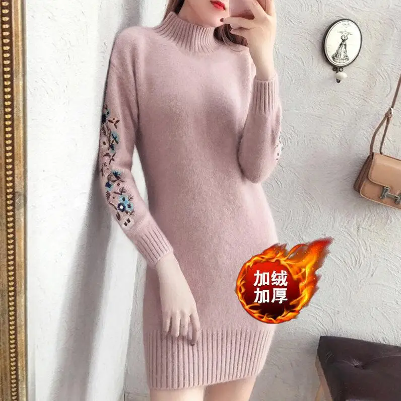 Pink Plus velvet TYJTJY Faldas Mujer Moda осенние и зимние модные платья скидки платье имитация свитера платье с длинным рукавом теплое платье - Цвет: Pink Plus velvet