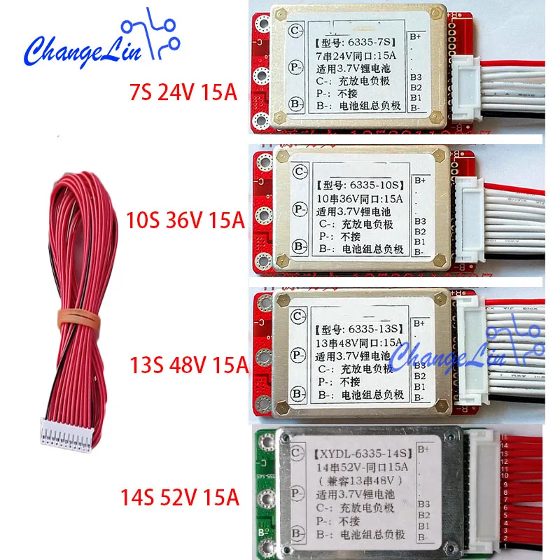 7S 24V 10S 36V 13 V 48V 14S 52V литий-ионная Lipo ионная плата для защиты аккумулятора, зарядный общий порт 15A ebike BMS PCM Packs motor