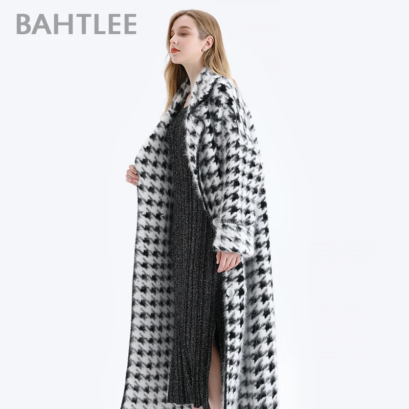 BAHTLEE Women Angora Long Coat Houndstooth Pattern Sweater Winter Wool Knitted Cardigans Jumper Turn Down Collar Sleeves |