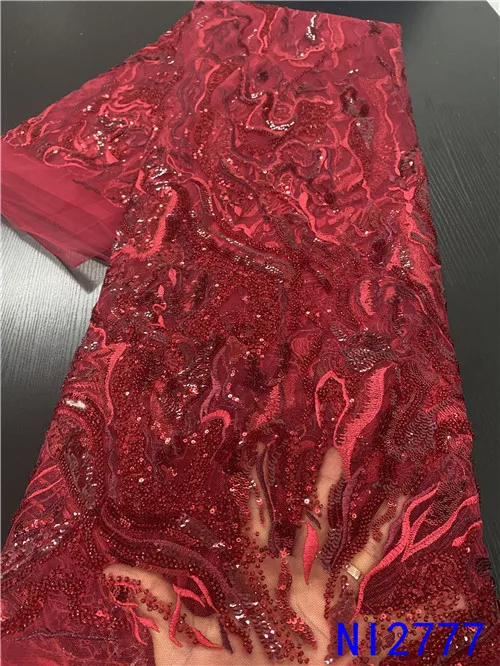 Красные великолепные французские кружева с ручной вышивкой и искусственными