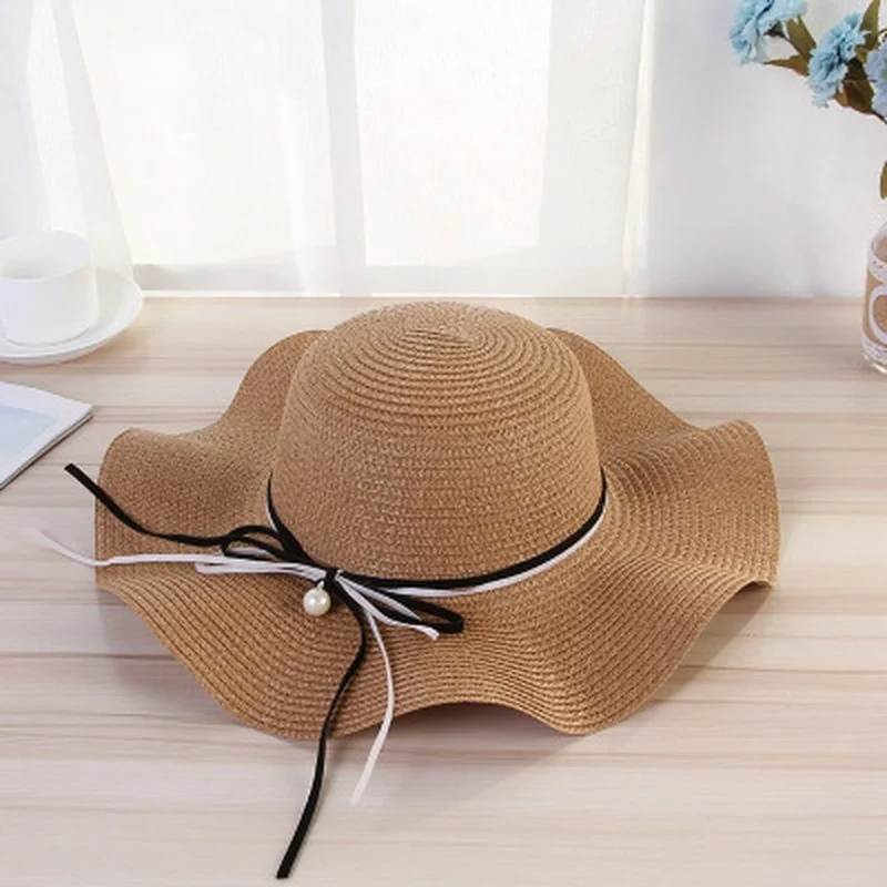 

Sun Hats Women Wide Brim Pearl Pendant Bow Ruffles Sunshade Straw Weaving Summer Beach Outdoor Women Hat Elegant Sweet Trendy