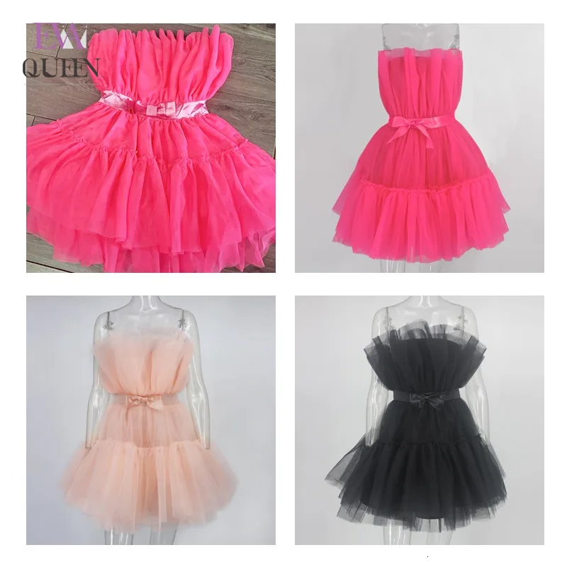 Сетчатое однотонное розовое мини-платье EvaQueen с рюшами и датой женские Клубные