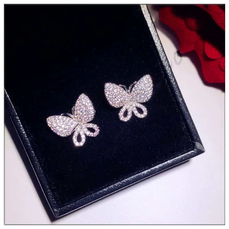 S925 Sterling Silver Needles Fine Jewelry Stud Earrings For Women Butterfly Cubic Zirconia Elegant Temperament Fine Jewelry