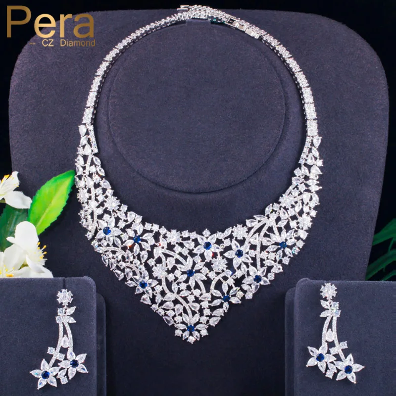 

Pera Gorgeous Royal Blue Cubic Zirconia Elegant Leaf Flower Wedding Necklace Earrings Luxury Bridal Jewelry Set for Women J370