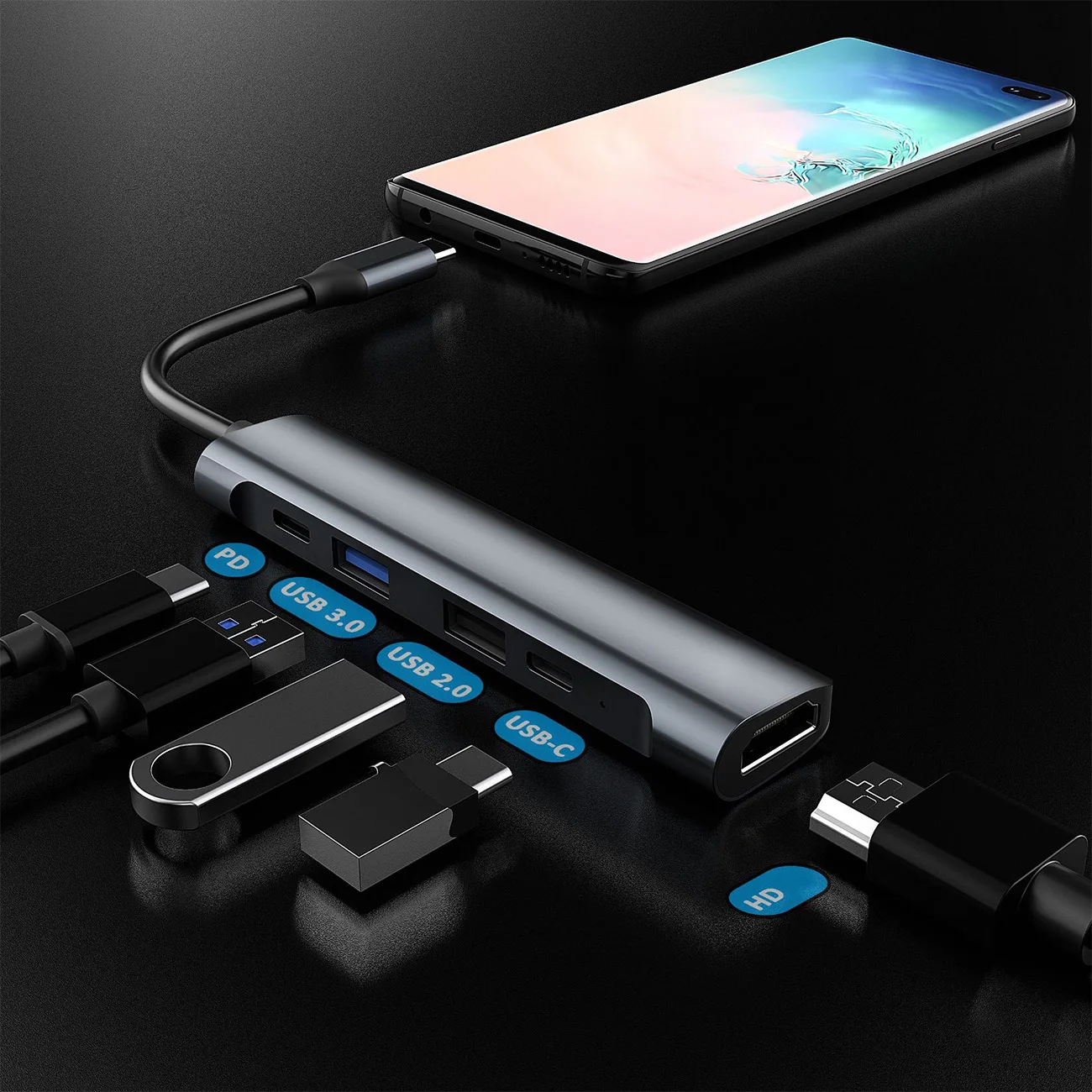 

5 in 1 USB C HUB Adapter 4K@30Hz HDMI-Compatible USB2.0 USB3.0 60W PD Fast Charging Dock Station Type-C Data for Desktop Laptop