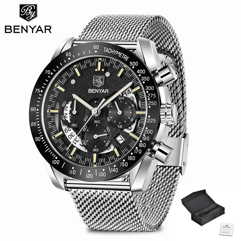 Silver Yellow S BENYAR мужские часы Топ бренд Роскошные часы кварцевые военные наручные часы мужские часы хронограф бизнес часы Relogio Masculino - Цвет: Silver Yellow S
