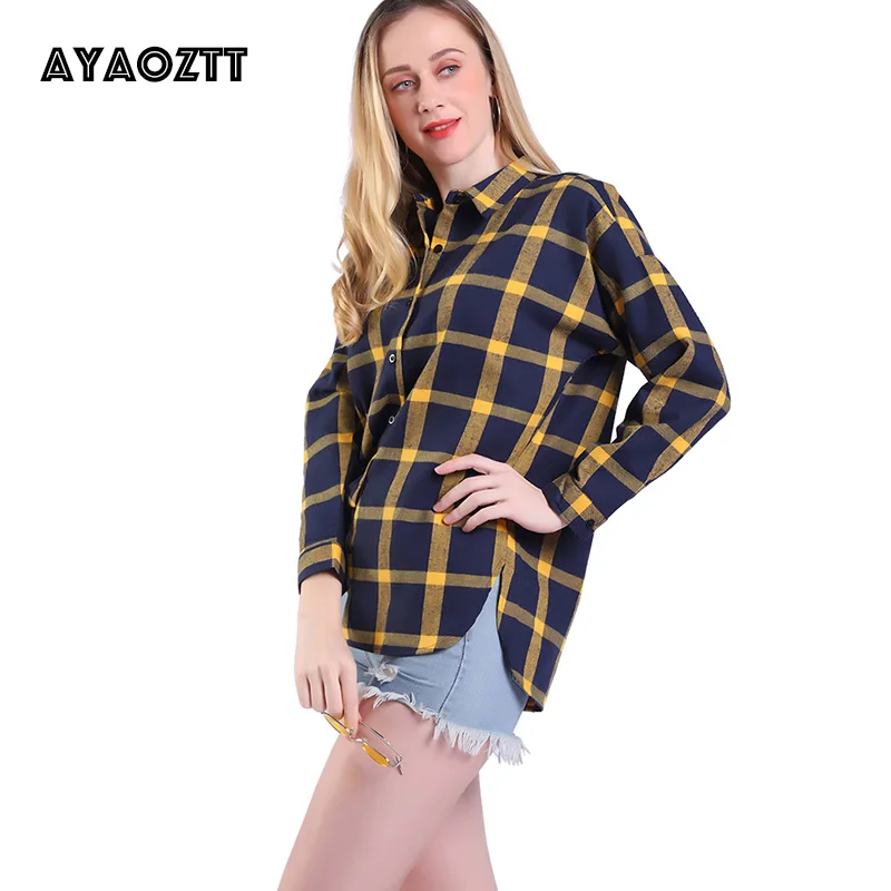 Клетчатые рубашки с пуговицами топы фланелевые Блузки туники Повседневная