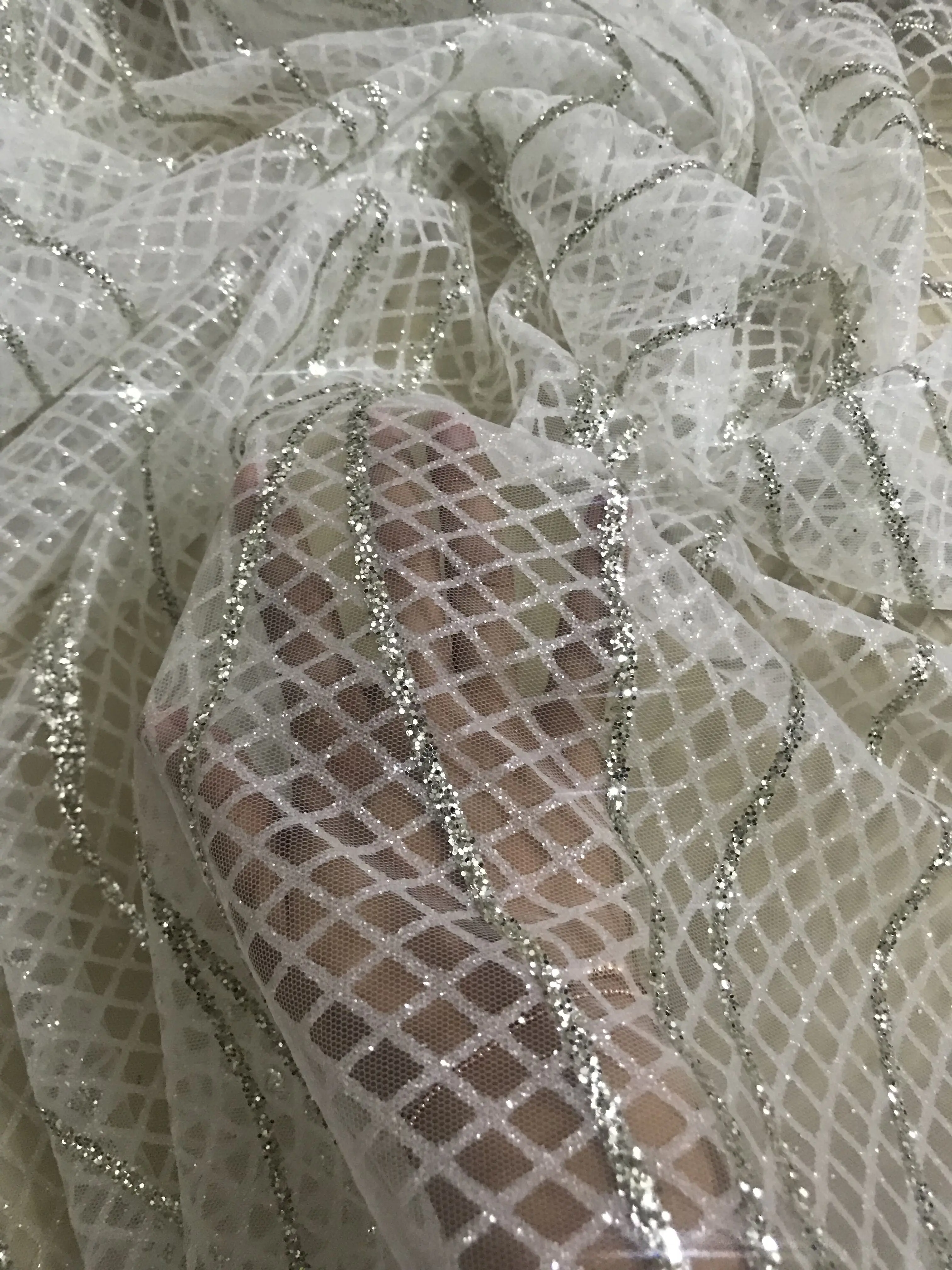 

shining glued glitter african tulle mesh fabric J-9922 for bridal dress