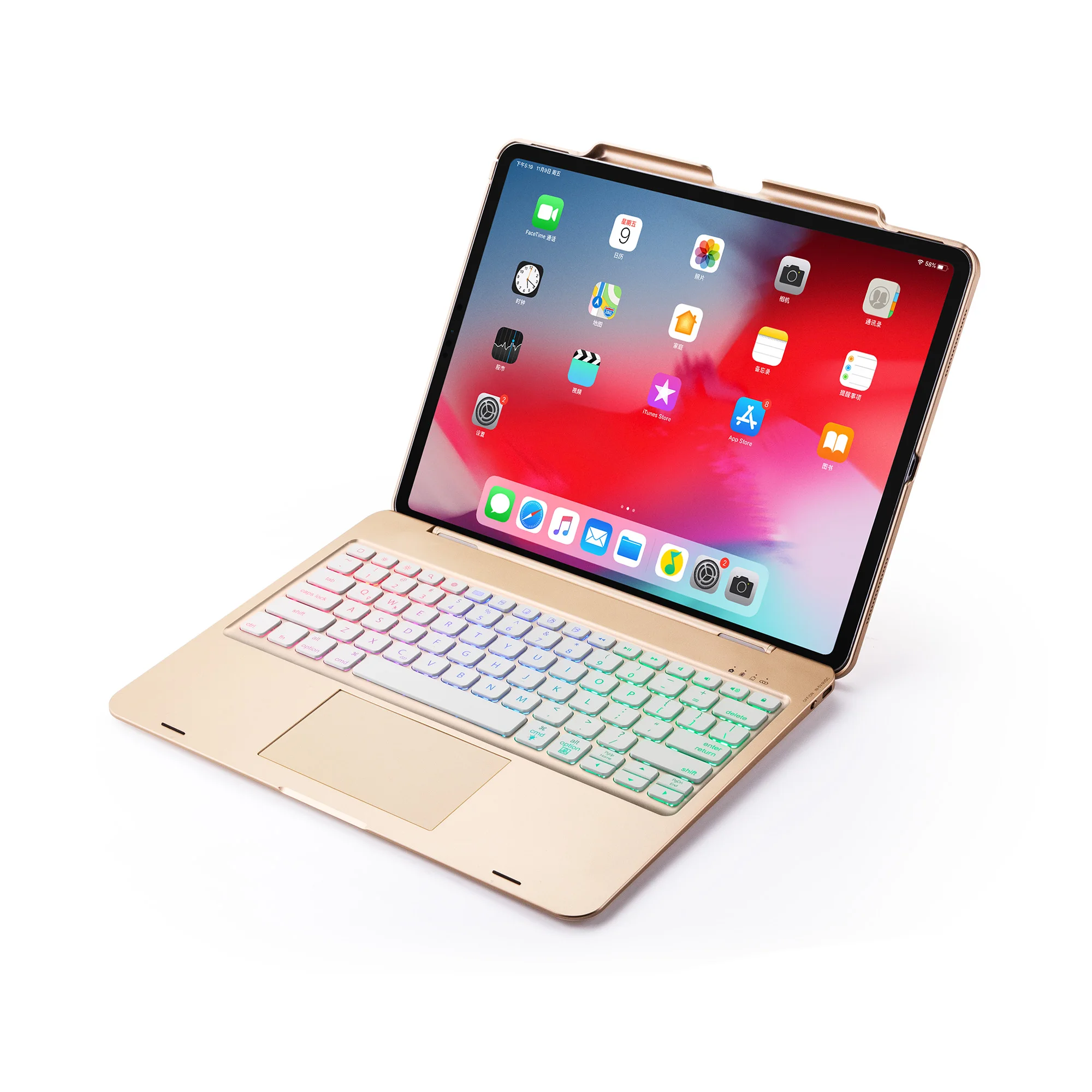 Gold Witsp@ d мышь сенсорная bluetooth клавиатура для iPad 10,", Премиум Пластиковый Чехол, 7 цветов с подсветкой, интеллектуальное включение/выключение - Цвет: Gold