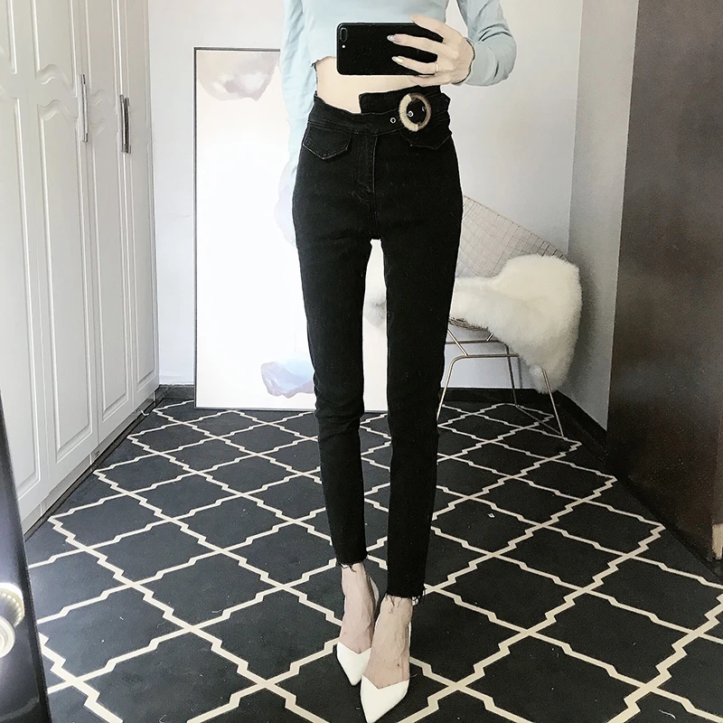 

Spring High Waist Black Denim Trousers Female Fashion Office Pencil Pants Streetwear Slim Fit Casual Pocket Zipper Jeans S-XL