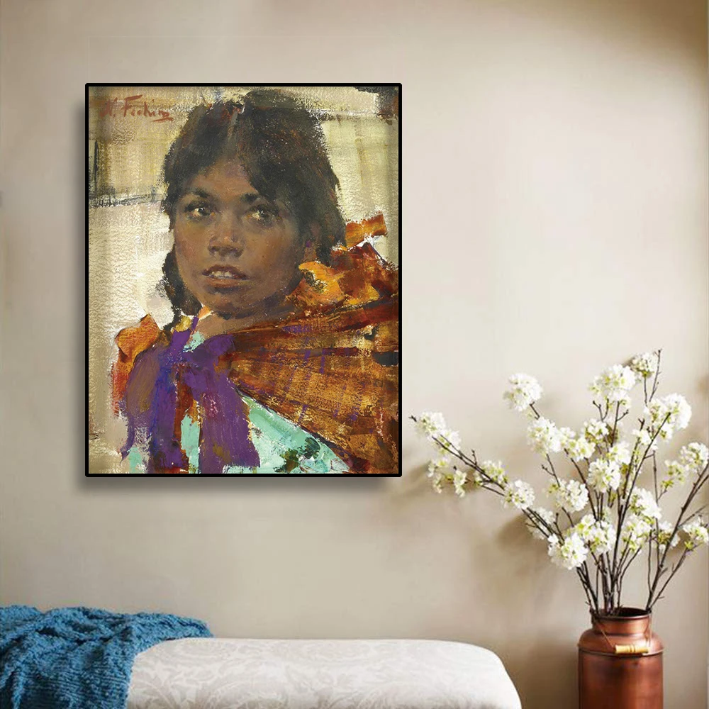 Картина маслом на холсте Cassisy Nicolai Fechin "Девушка с темной кожей" художественный постер для декора дома, гостиной, офиса.