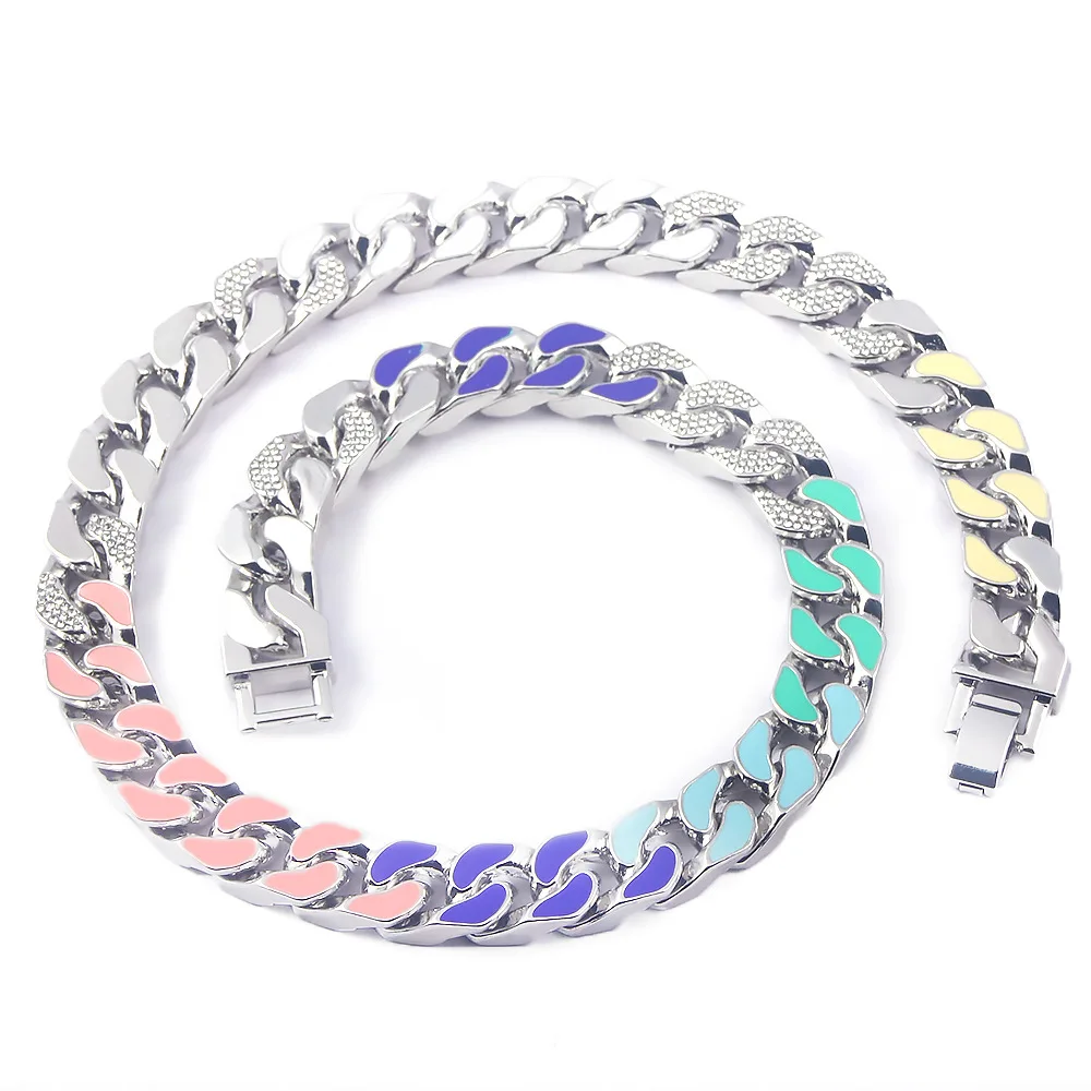 

New Fashion Rap Hip-Hop Street Style Enamel Seven-Color Diamond-Studded Cuban Chain Trend Jewelry for Boyfriend Surprise Gift