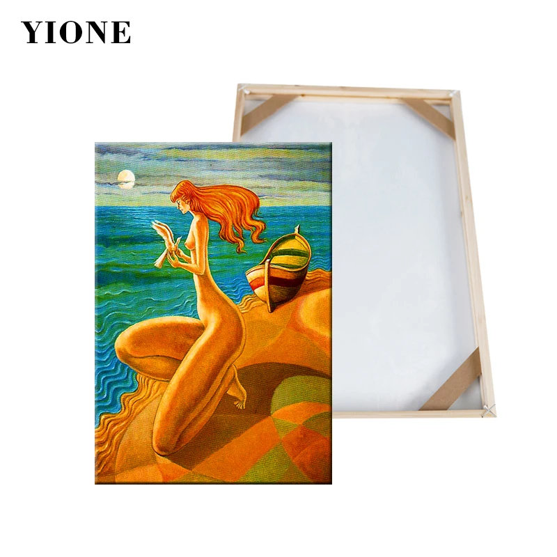 Sunset Beach Woman with Pigeon Oil Painting Custom Orange Blue Abstract Sea Sailboat Wall Art Poster Canvas Print Picture Decor | Дом и сад