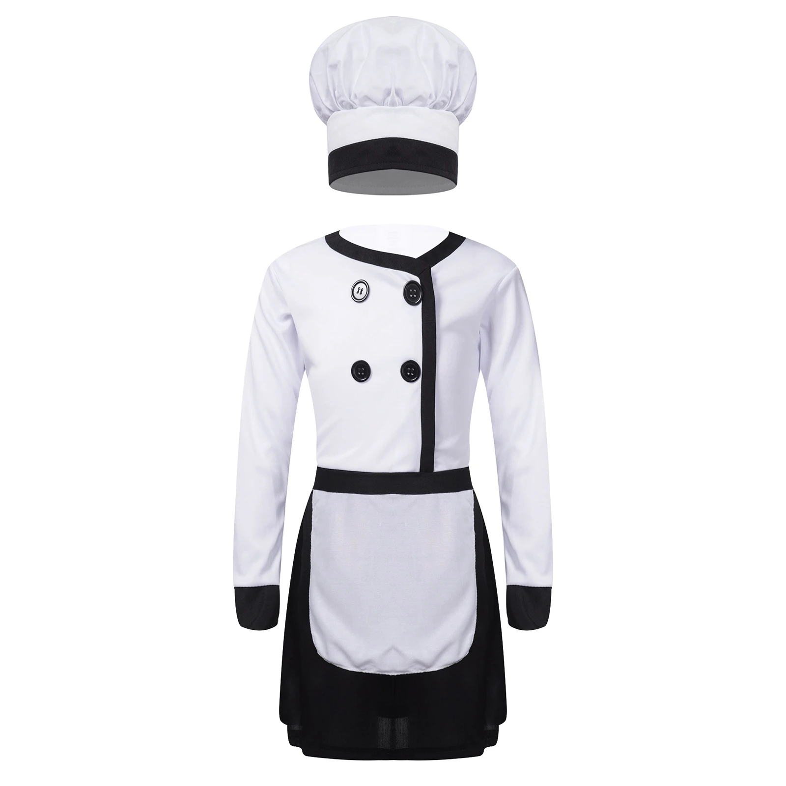 

Kids Girls Chef Costume Long Sleeves Chef Uniform Dress With Apron And Hat Set Cook Outfit For Cosplay Role Play Performance