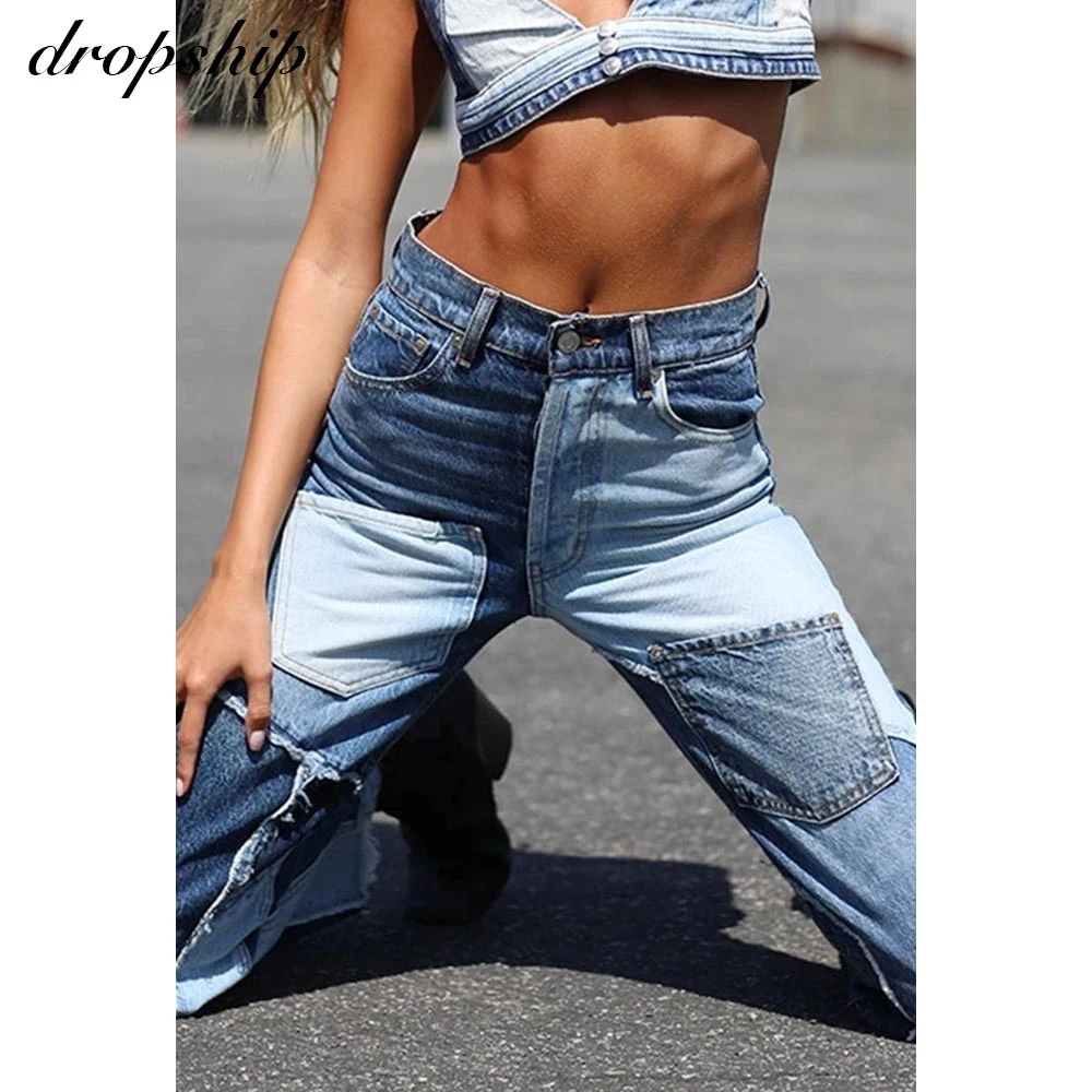 

Patchwork Jeans Straight Leg Jeans Woman Jeans High Waist Sexy Color Block Woman Pants Trousers Denim Blue Pants For Women
