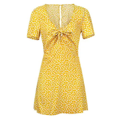 

2021 New Women Bohemia Dress Floral Short Sleeve Deep V-Neck Waist Design Outfit Loose A-Line Front Tie Dress for Beach Vacation