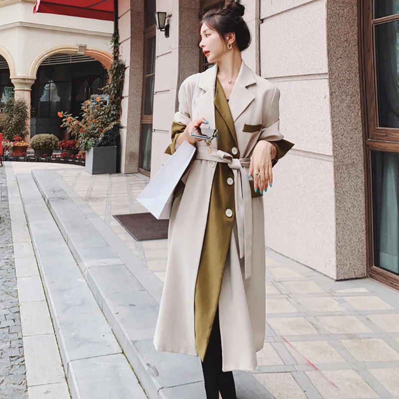 Женская бежевая куртка-ветровка средней длины весна-осень Новинка контрастные