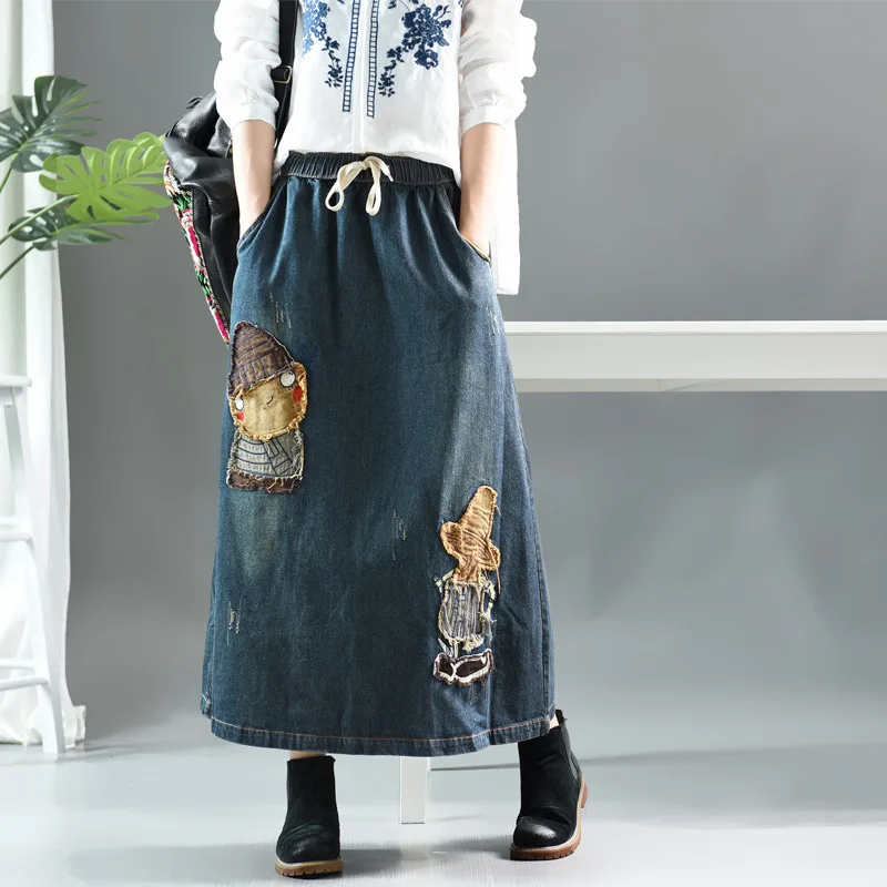 Осенняя юбка в стиле ретро Женская свободная джинсовая с эластичной резинкой на