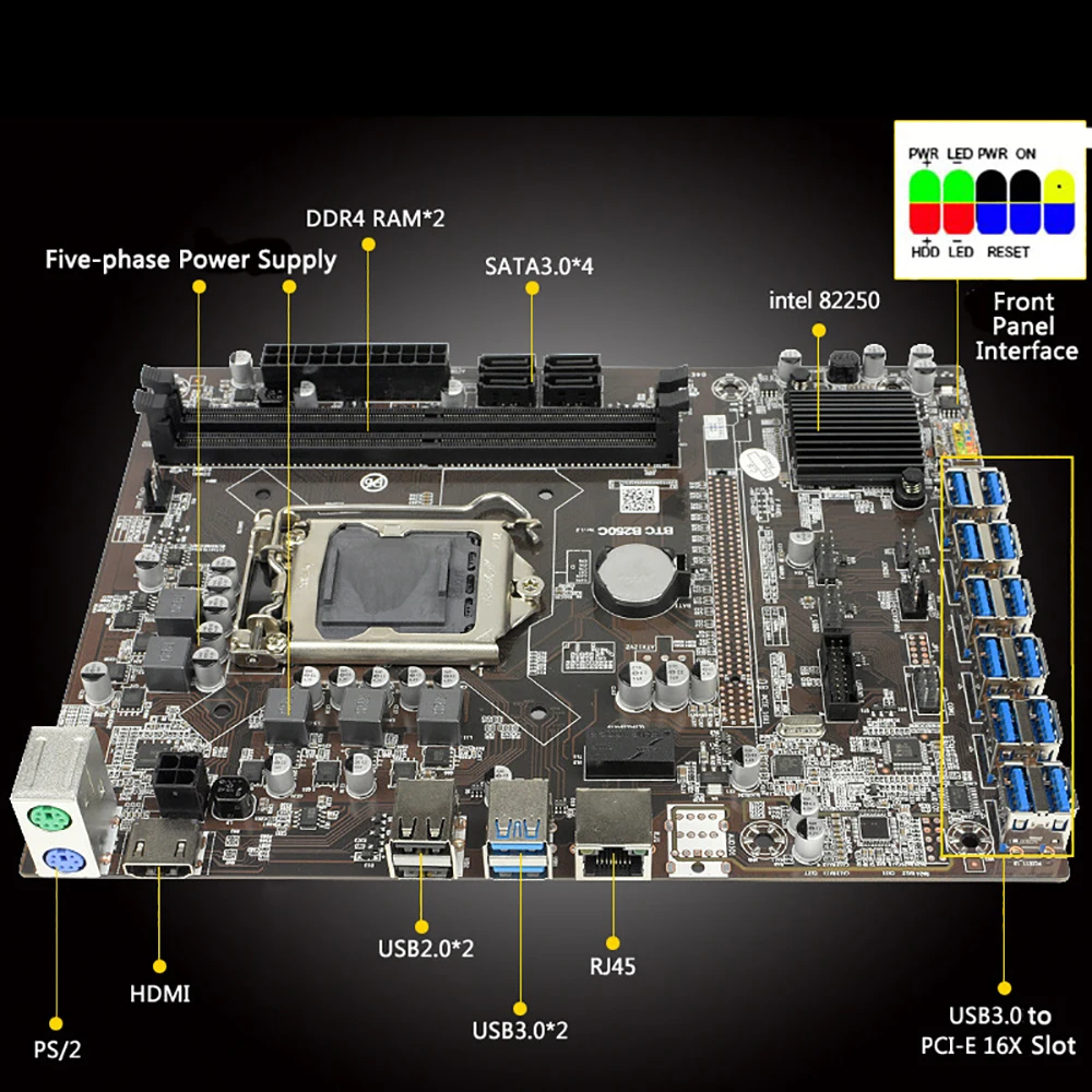 Материнская плата для майнинга B250C 12 USB 3 0 к PCIe X16 PCI-E 16X графическая карта G3900 ЦП RGB