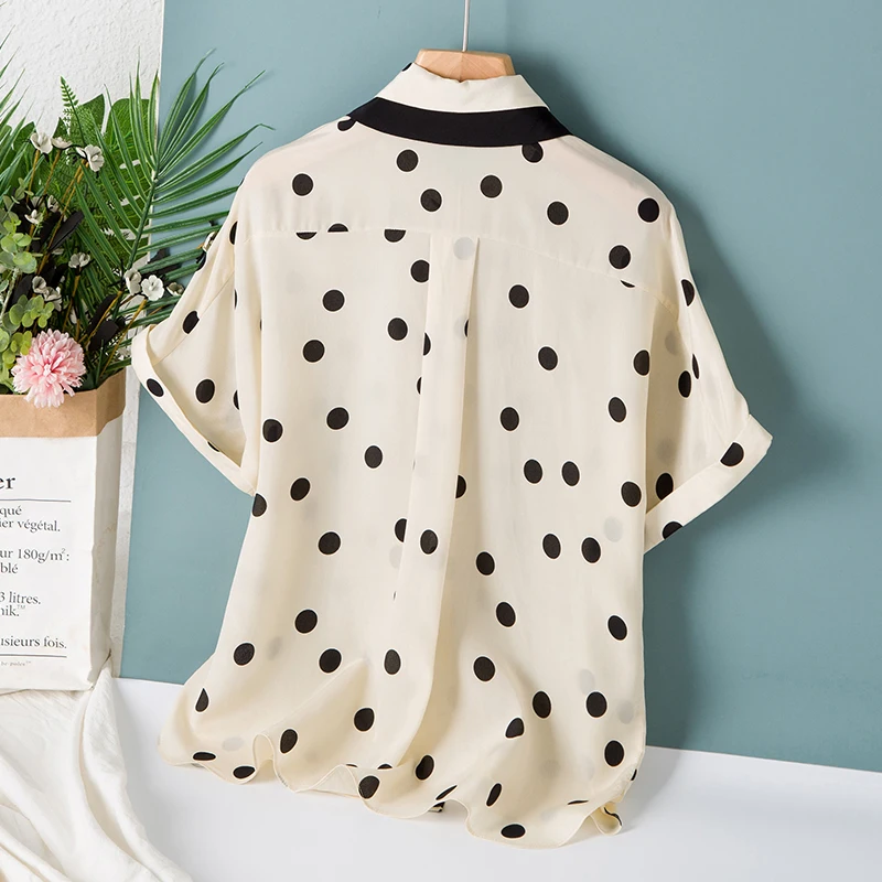 

100% Natural Silk Women's Shirt Turn Down Collar Short Sleeves Bow Detailing Polka Dots Printed Fashion Blouse Tops