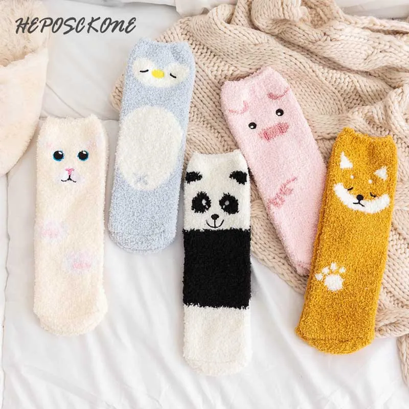 [HEPOSCKONE]Cute Animal Panda Penguin Floor Socks Women Christmas Warm Funny Calcetines Mujer For Ladies Girl's Gifts | Женская