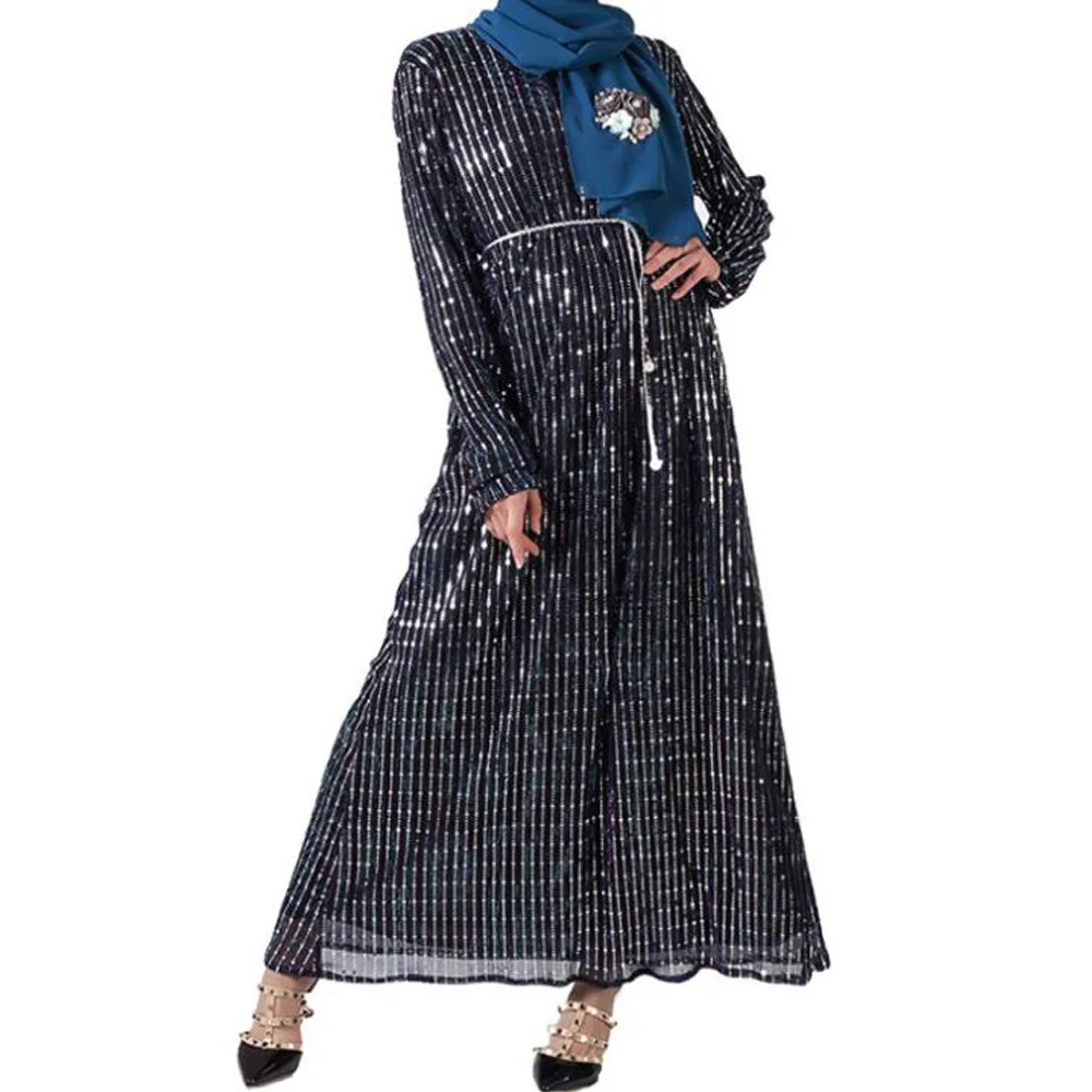 

Luxury Sequins Muslim Dress Women Long Sleeve Arabic Dubai Abaya Kaftan Robe Dress Musulmane Longue Turkish Islamic Clothing